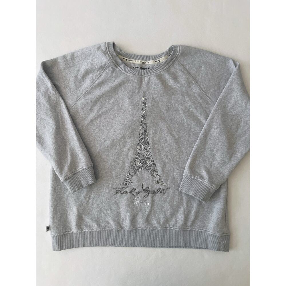 Karl Lagerfeld Paris Sweatshirt Women L Gray Rhinestone Eiffel Tower Graphic